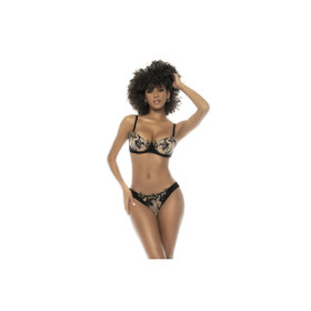 Ensemble 3 pièces noir et chair Kyra, avec dentelle brodée, soutien gorge à armatures, porte jarretelle et culotte 